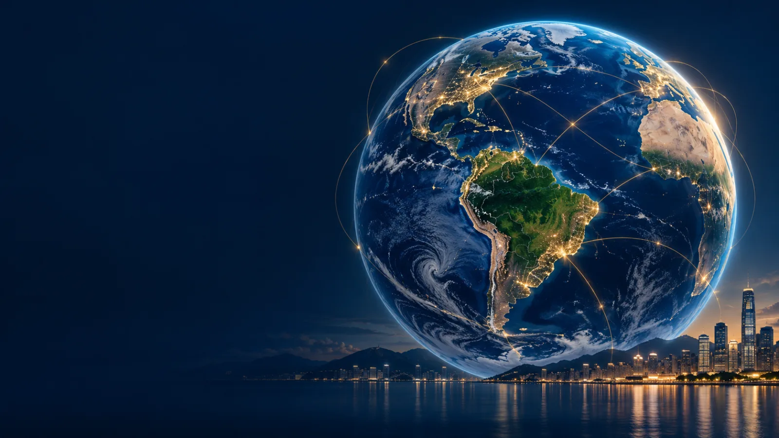 Globo terrestre com conexões douradas entre continentes
